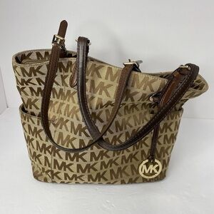 Michael Kors Signature Open Top Tote Center Zip Brown Tones Canvas Leather Trim